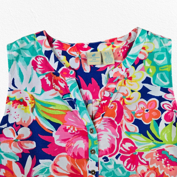 Caribbean Joe Multicolor Sleeveless Tropical Print V Neck Blouse Size Medium - Picture 3 of 7